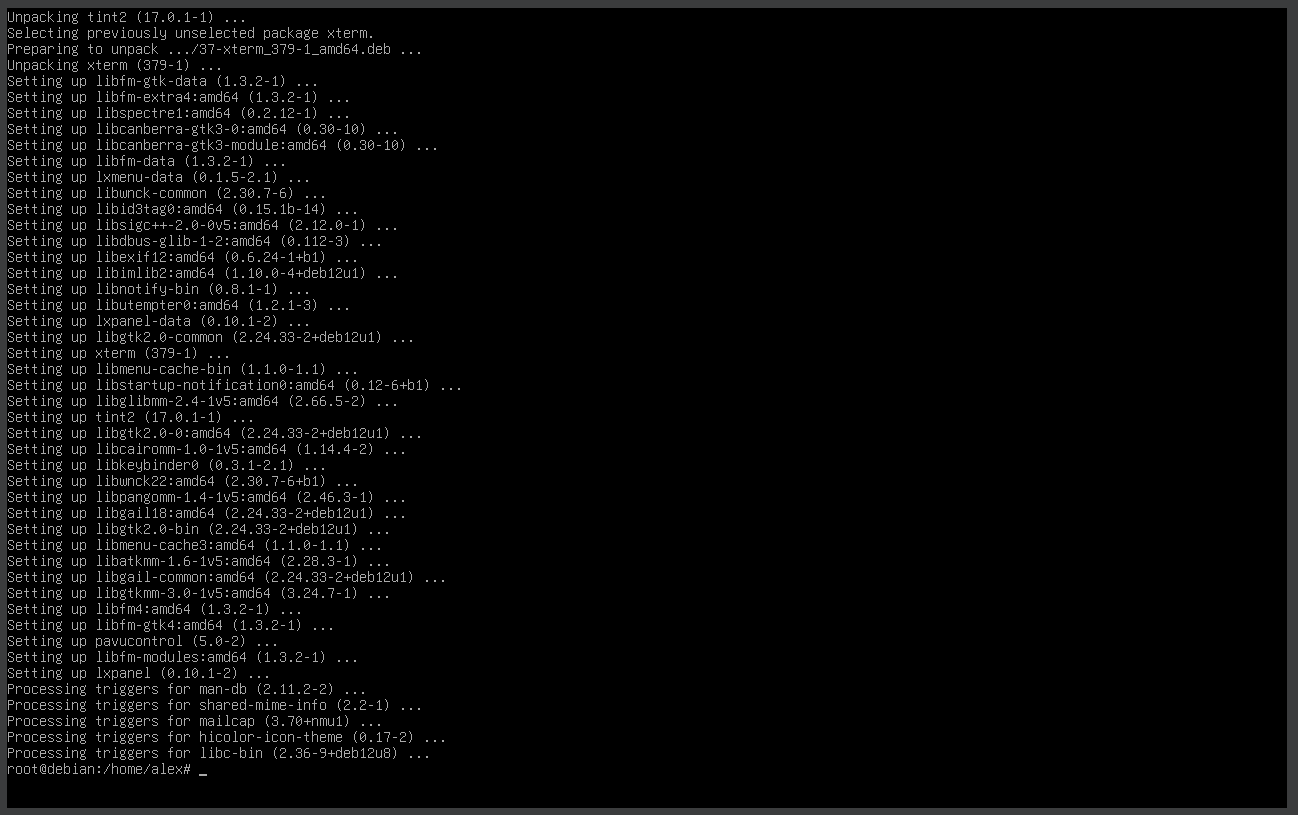 Running 'apt install tint2 lxpanel xterm'
